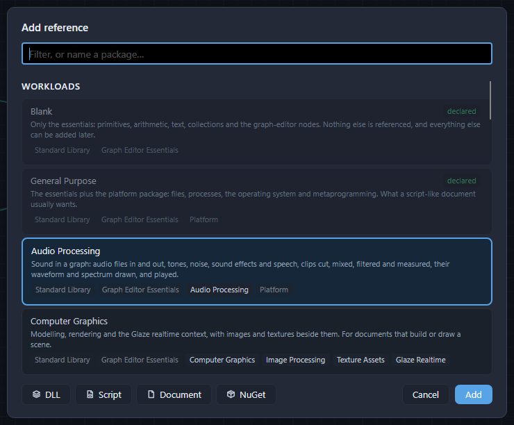 The Add reference card: the filter box, the workloads with the packages each brings, and the DLL, Script, Document and NuGet buttons