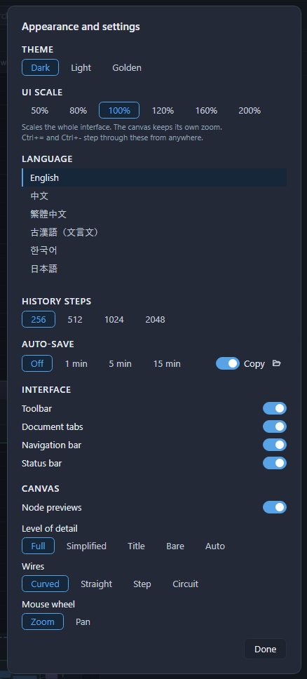 Appearance and settings: Theme, UI scale, Language, History steps, Auto-save with its Copy switch, and the Interface and Canvas switches