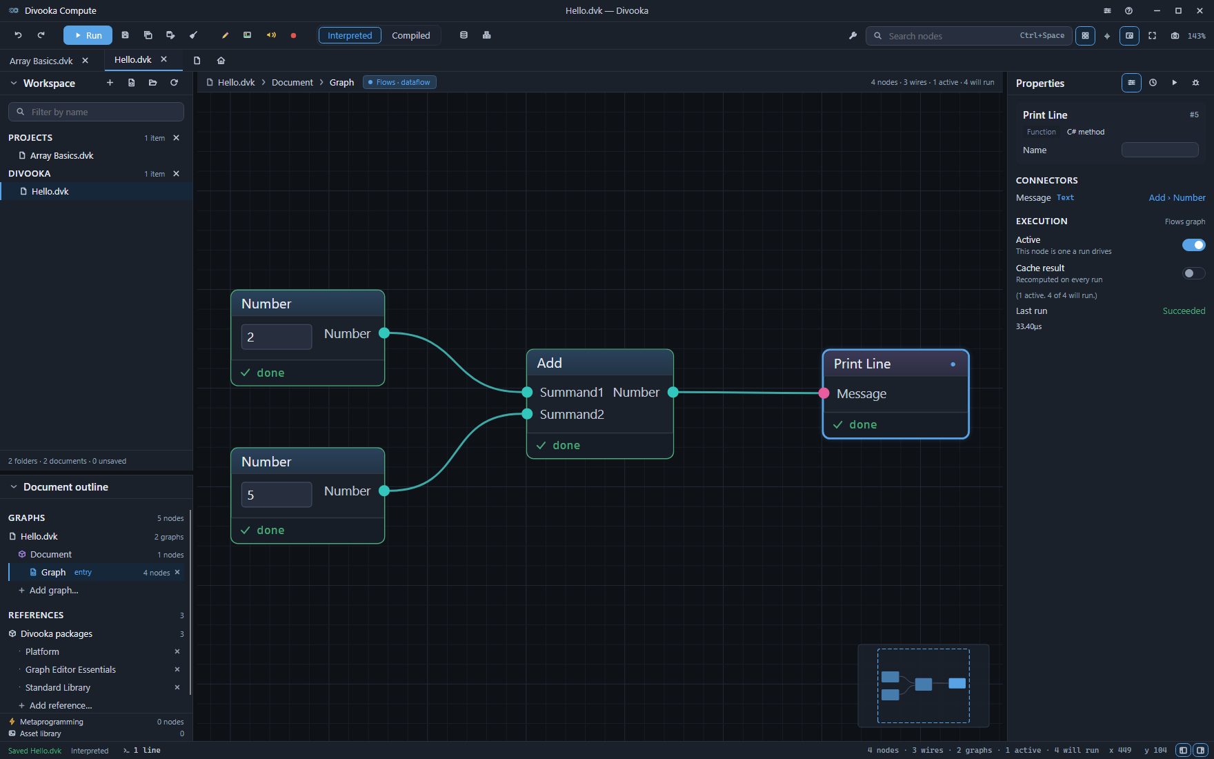 The editor: the workspace and the document outline on the left, the tabs and the canvas in the middle, the Properties panel on the right, and the status bar along the bottom