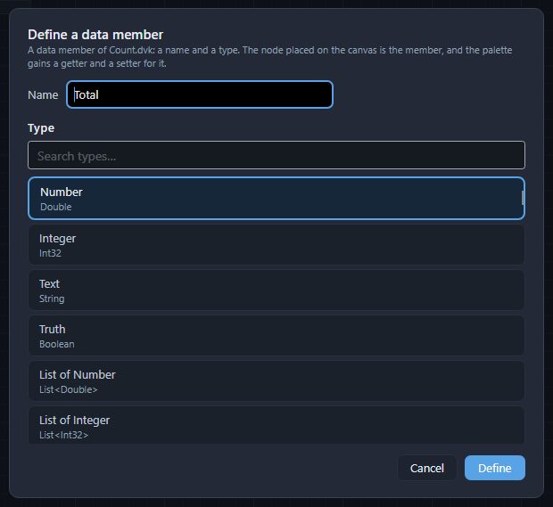 The Define a data member card: Name Total, and the Type list with Number chosen