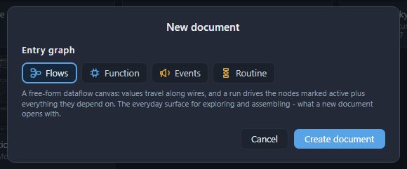 The New document card, with Flows chosen and its description underneath