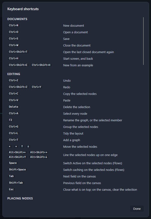 The Keyboard shortcuts card, open from About and help: the keys under their headings, each in a key cap beside what it does