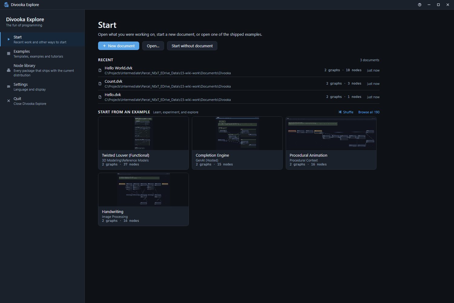 The start screen: New document, Open and Start without document, the Recent list, and four examples to start from