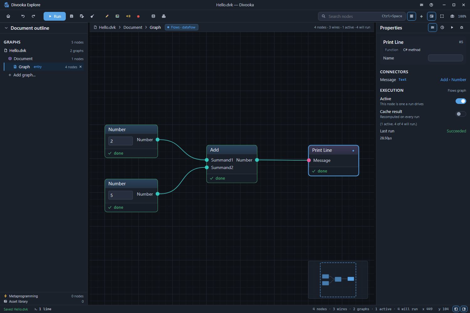 The editor: the document outline on the left, the canvas in the middle with the breadcrumb above it, the Properties panel on the right, and the status bar along the bottom