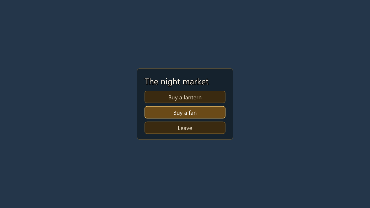 The stall screen with the pointer on its second button: gold_button's hover background and border, and the button's own white label