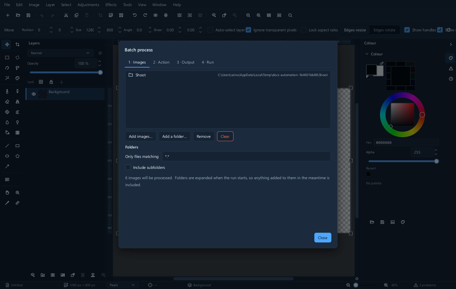 The batch dialog with a list of images added