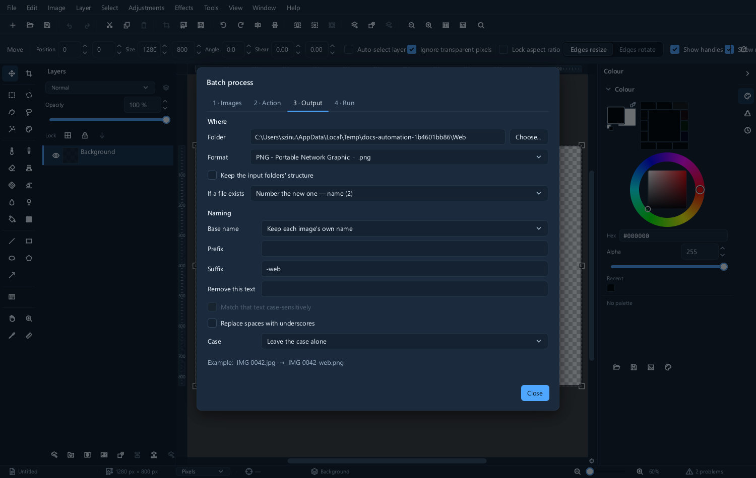 The batch output settings, with folder, format and naming