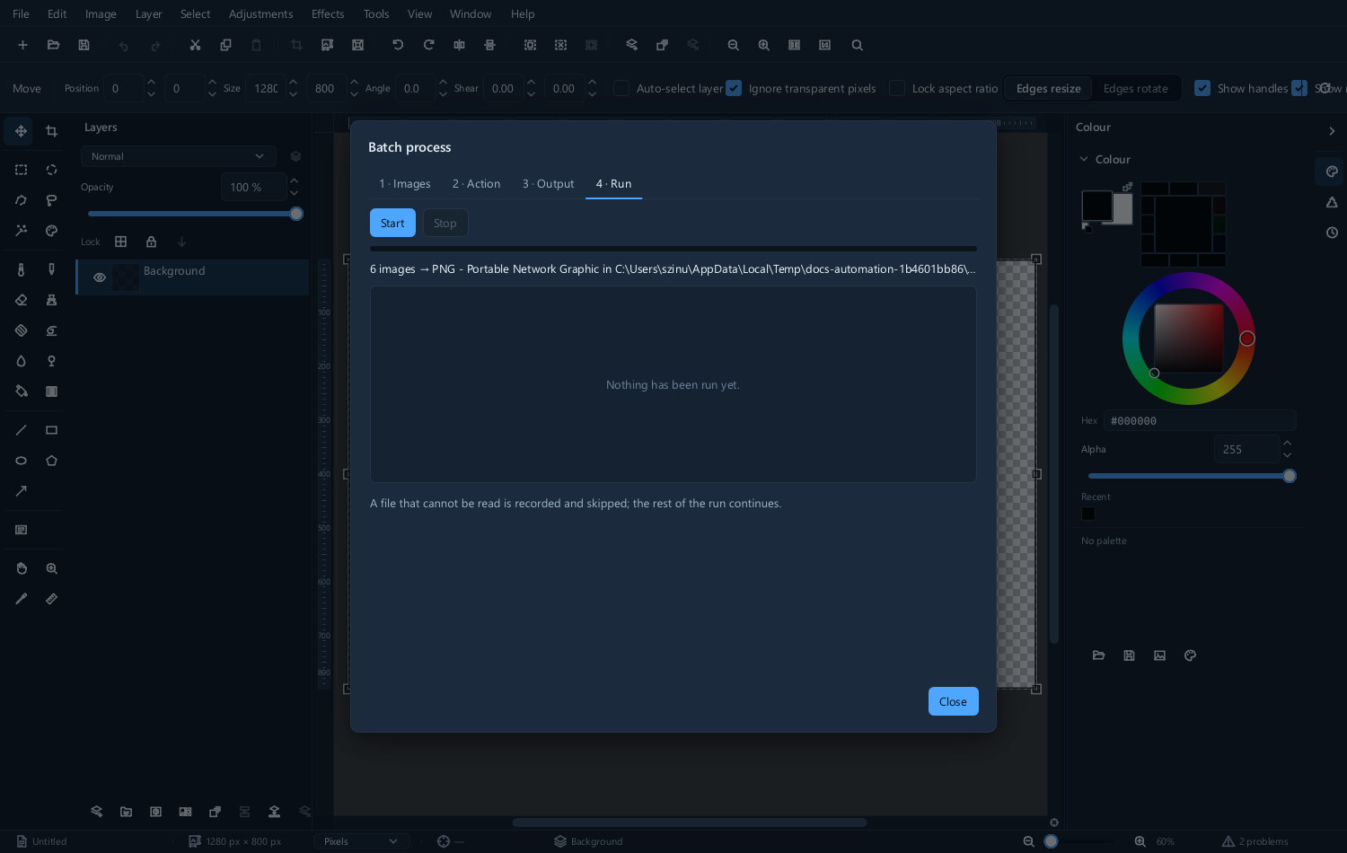 The batch dialog, ready to be set up