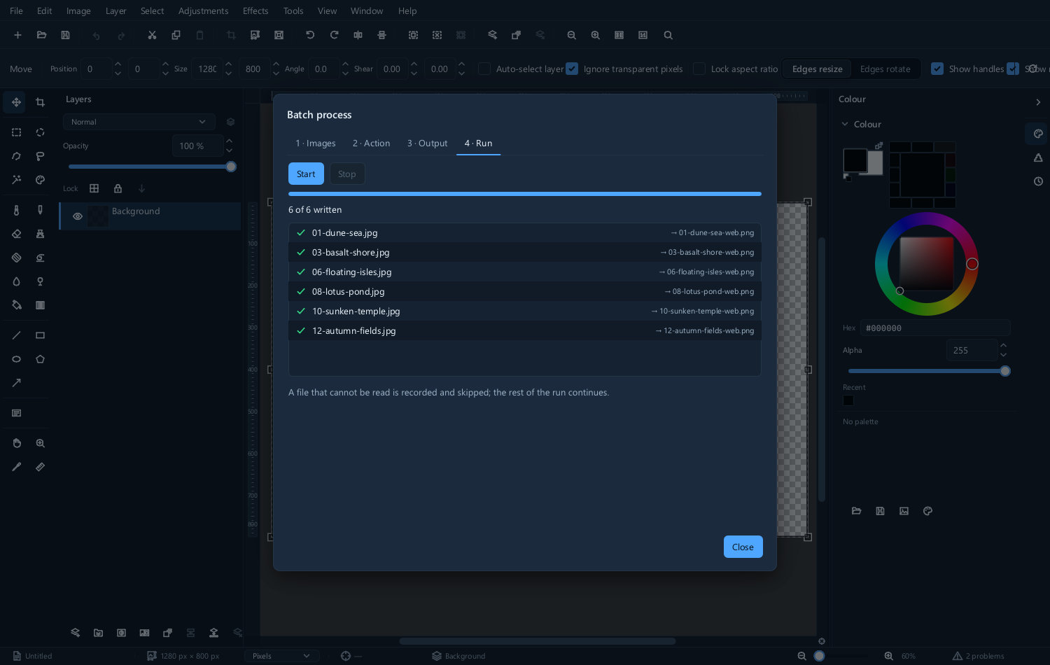 A batch running, showing its progress through the files