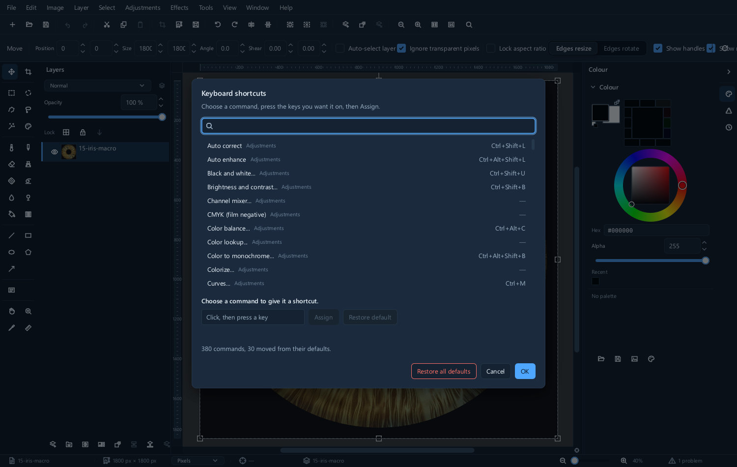 The keyboard shortcut editor