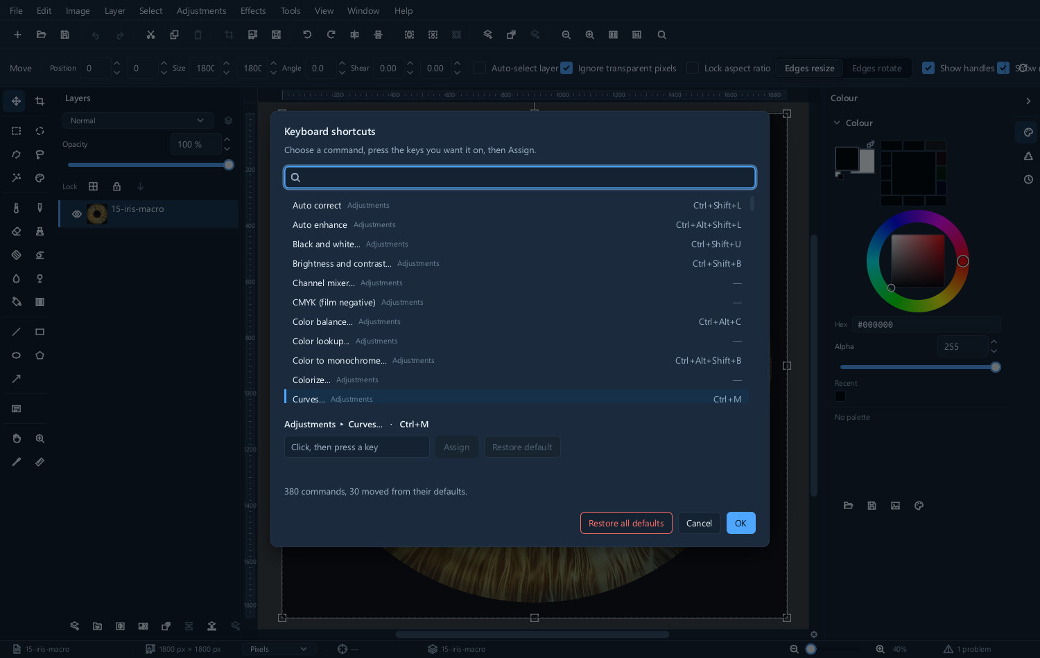 A command selected in the shortcut editor