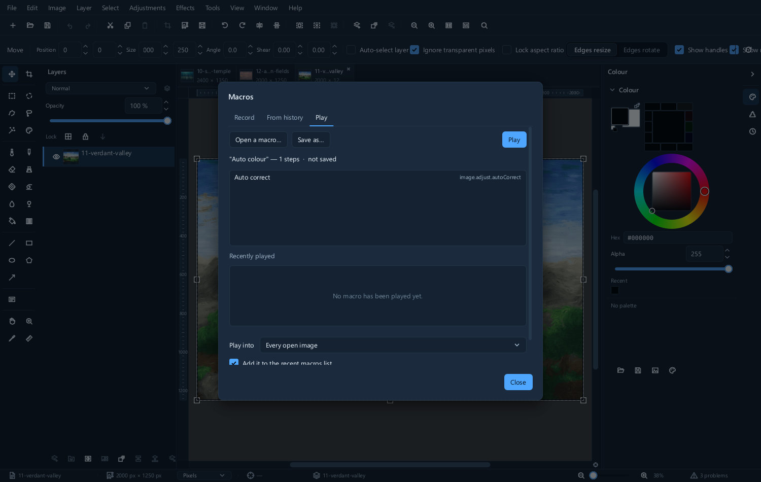 A macro set up to run over every image in a folder