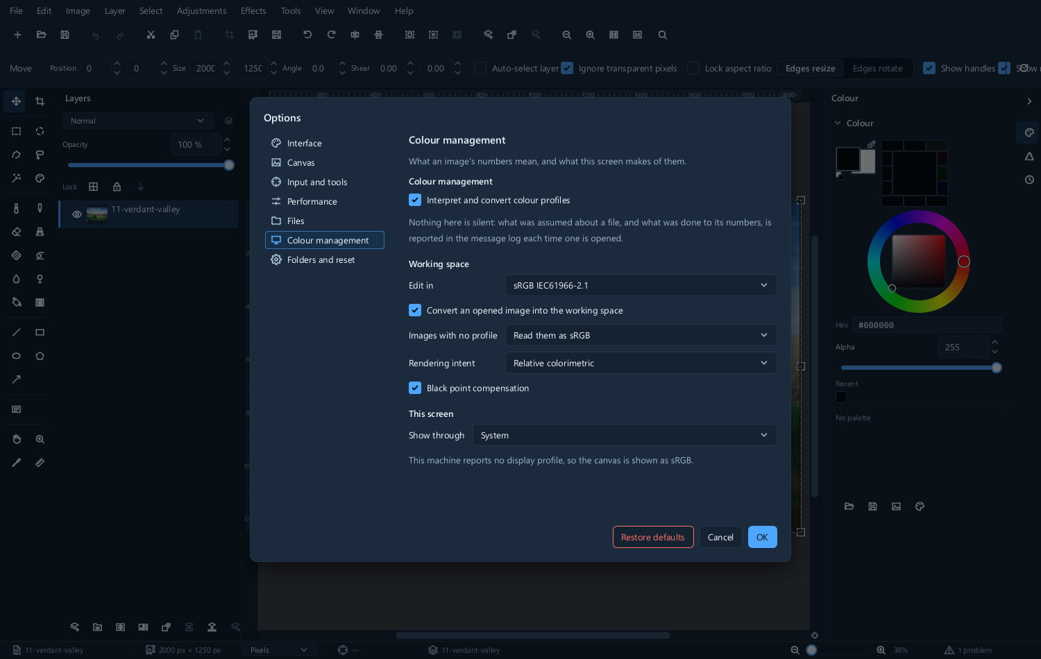 The colour management preferences