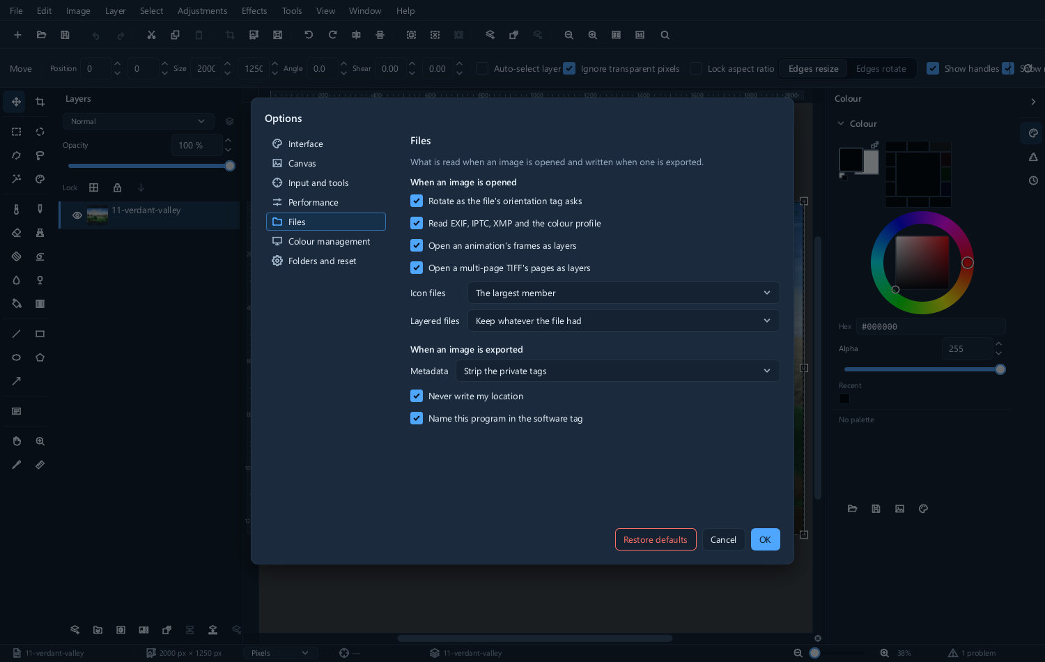 The file preferences