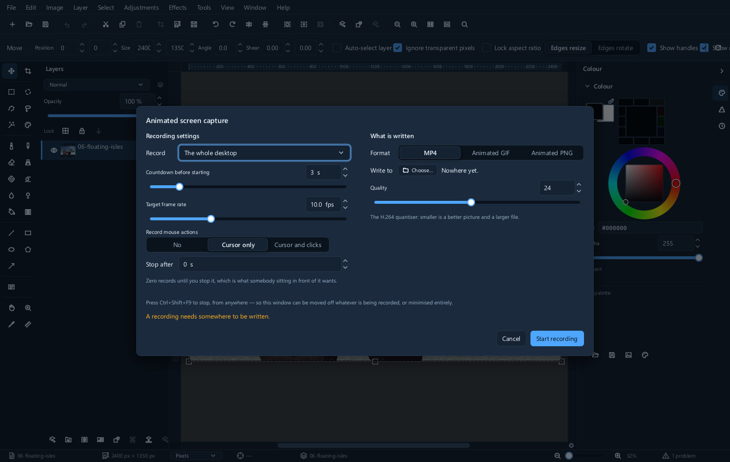 The screen recording controls