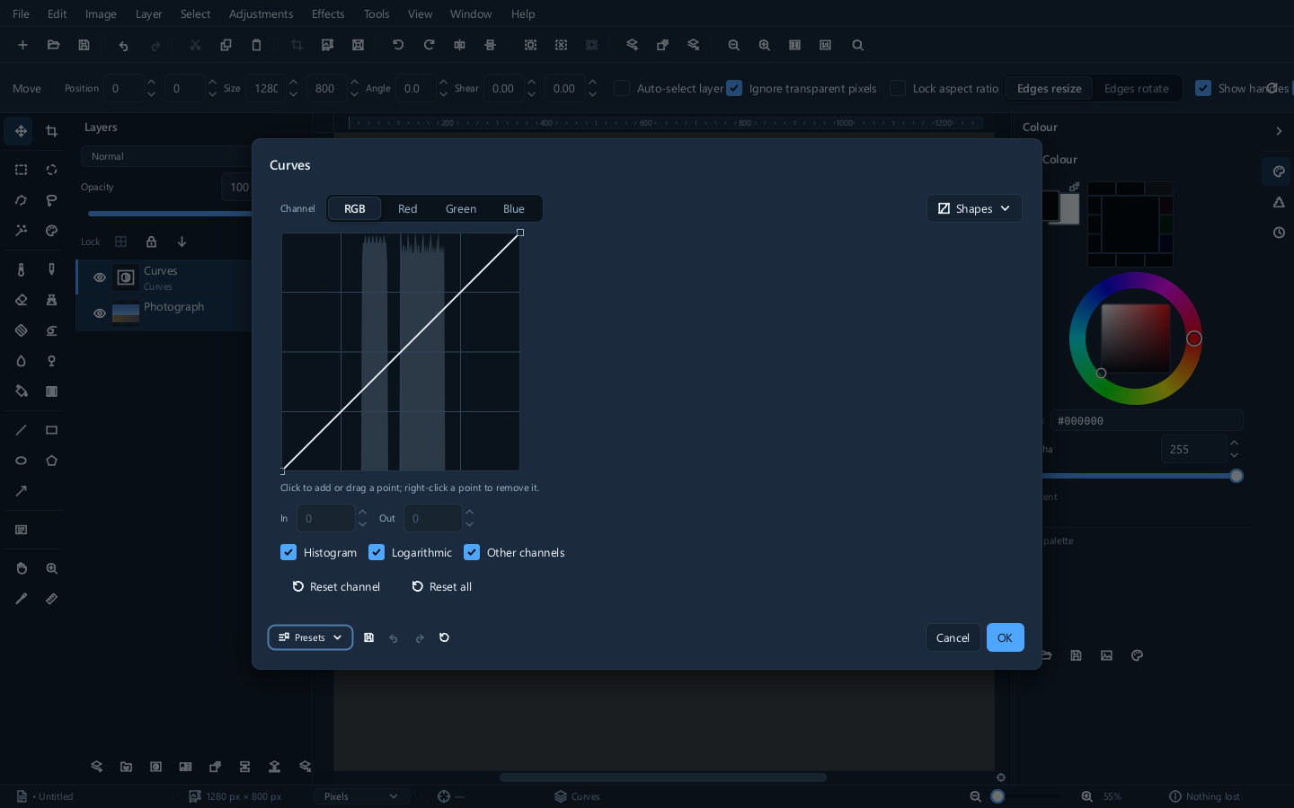 The Curves dialog reopened on an existing adjustment layer