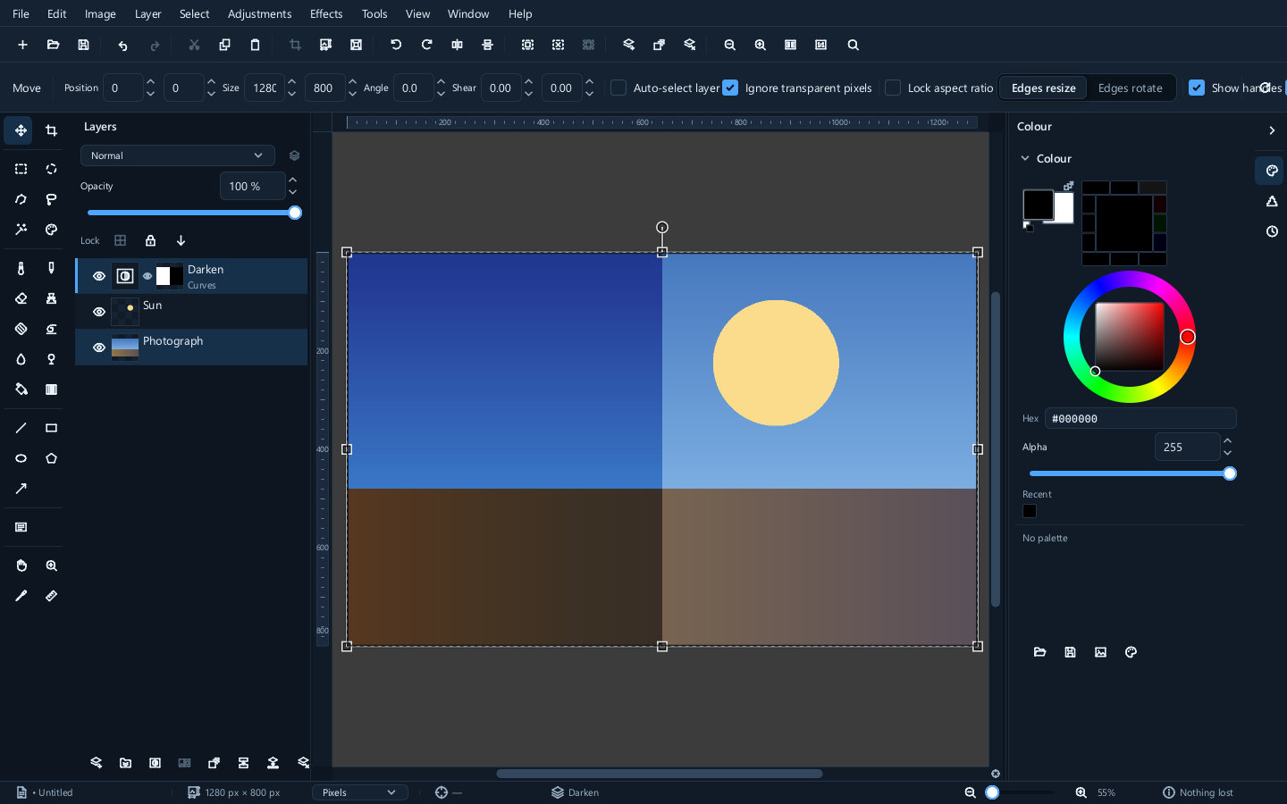 An adjustment layer masked so that it affects only half the picture