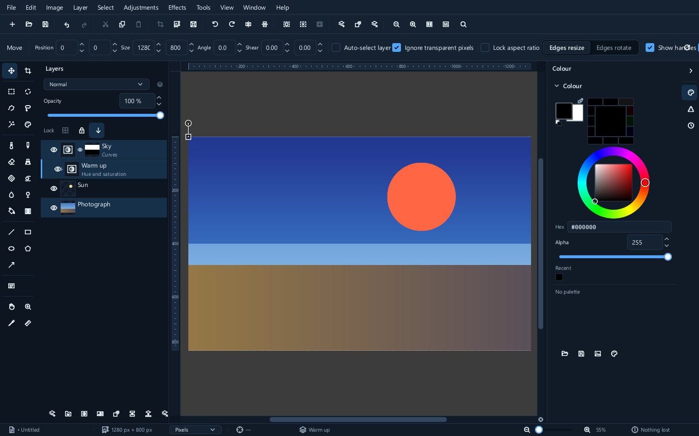 The layers panel with an adjustment layer above the photograph