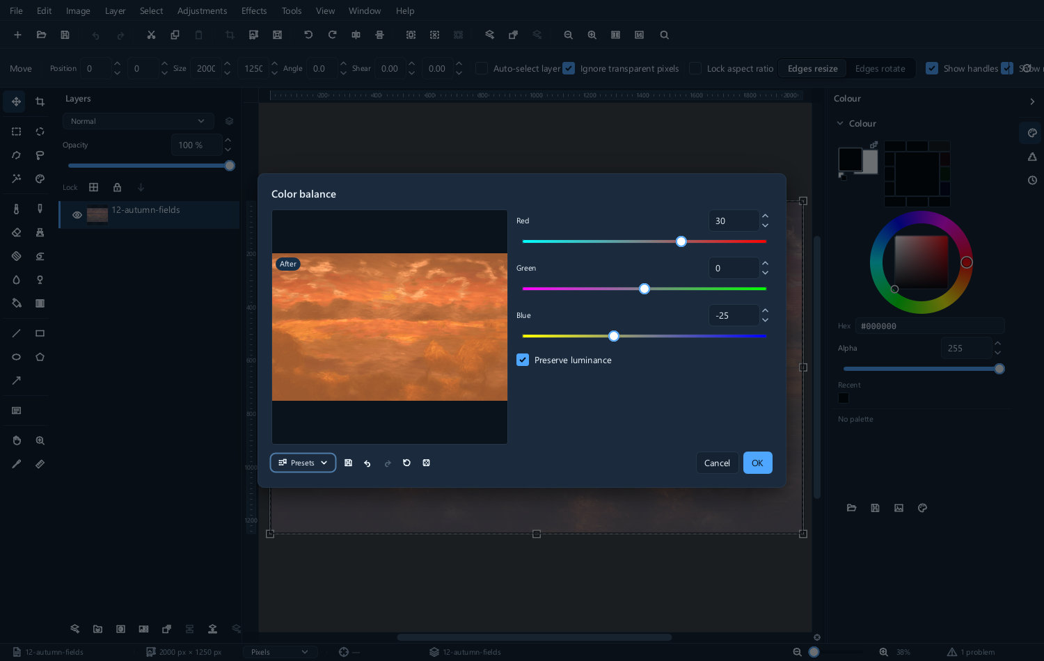 The Color balance dialog