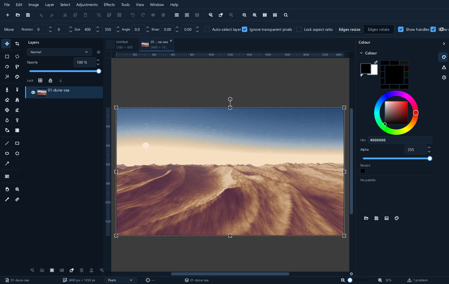 The status bar reporting that an opened file carried no colour profile