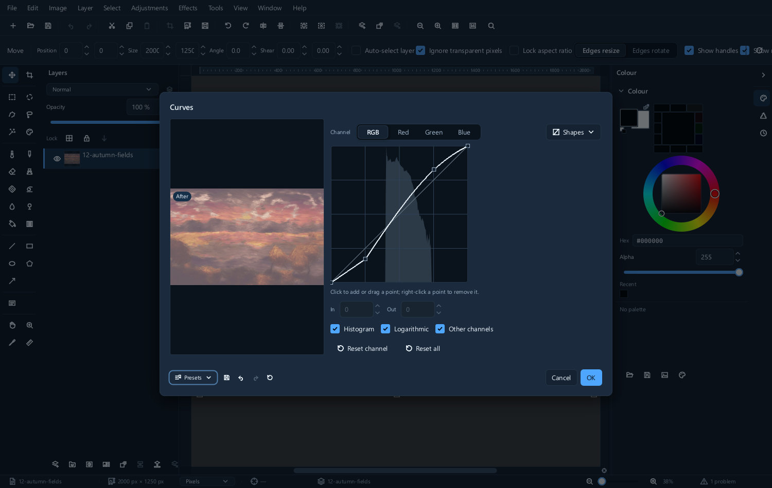 The Curves dialog, with the histogram drawn behind the curve