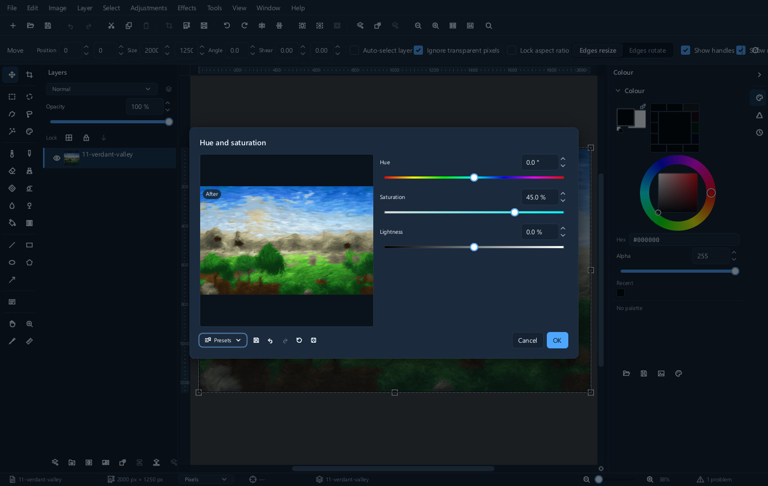 The Hue and saturation dialog
