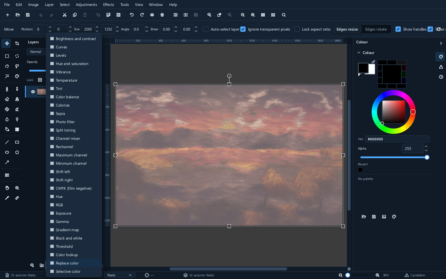 The list of adjustment layer kinds, from brightness and contrast down through curves, levels, hue and saturation and the rest