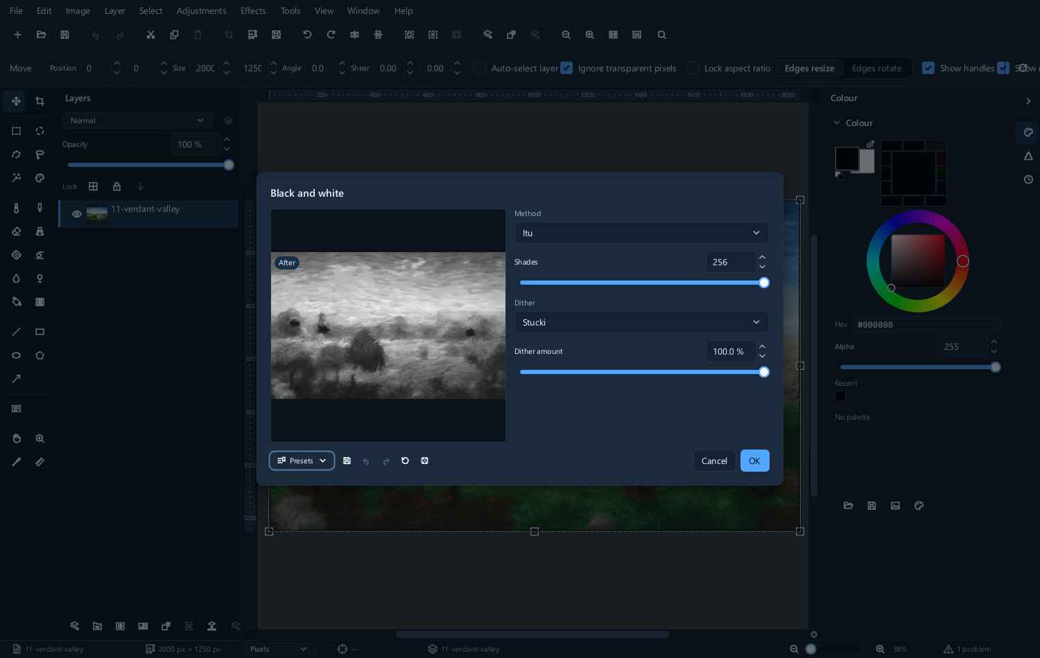 The Color to monochrome dialog, with per-channel weights