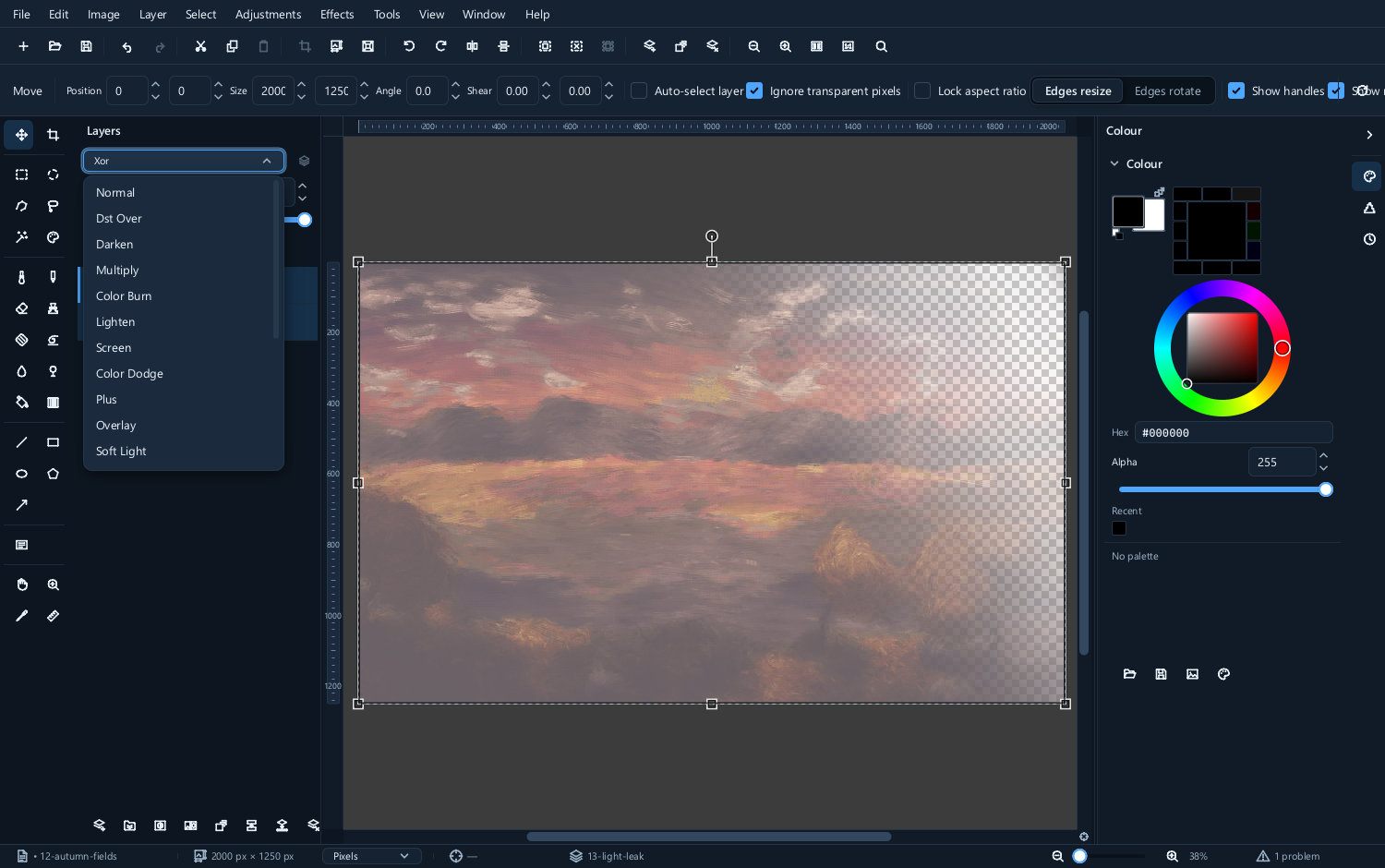 The blend mode picker, open, listing the modes by group
