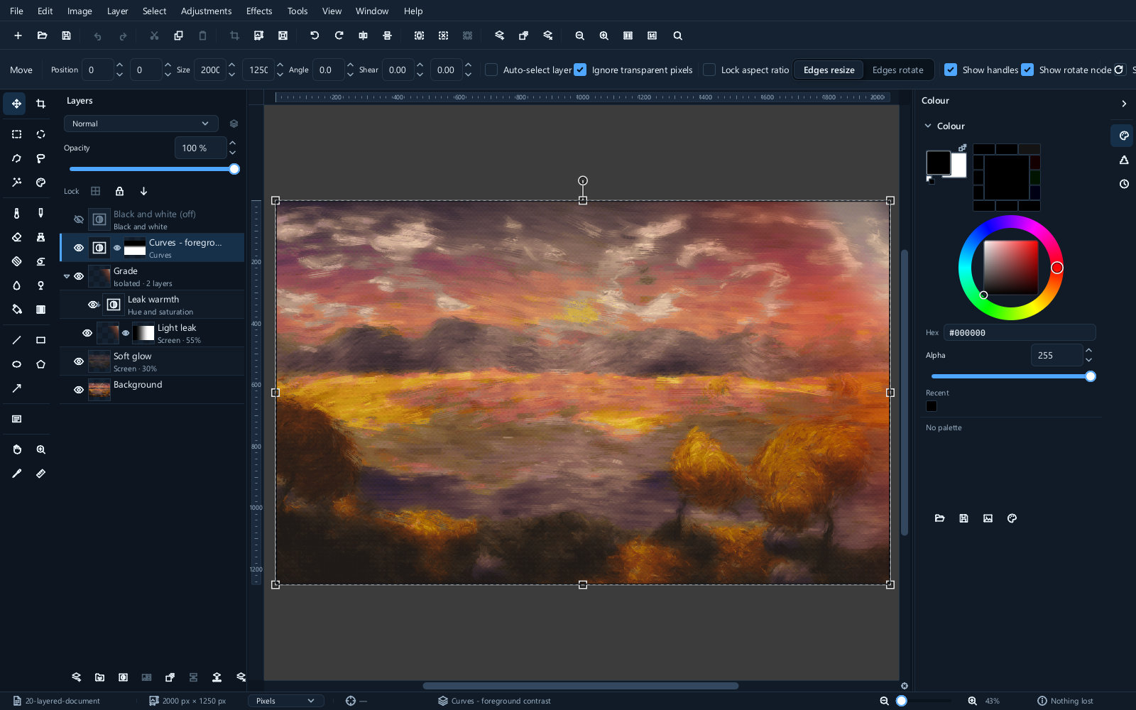 The Methodox Image Editor with a layered document open: a painted autumn sunset on the canvas, and a stack of layers, groups, masks and adjustment layers in the panel beside it