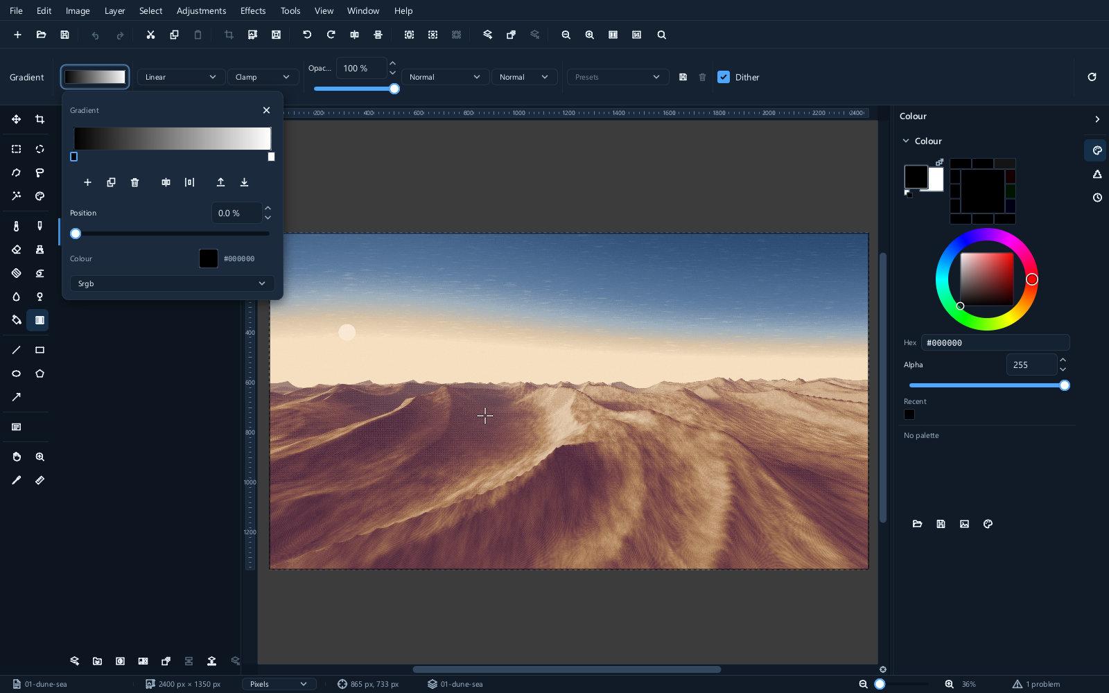 The gradient editor, with colour stops along the ramp