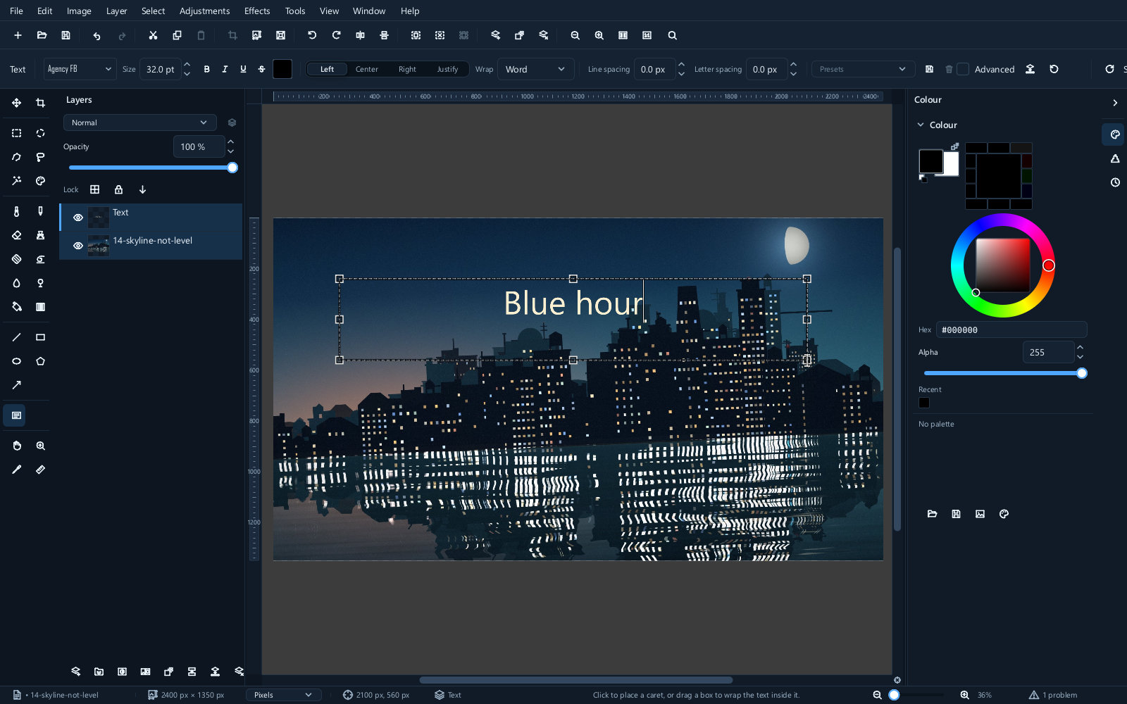The advanced text options, with alignment, spacing and outline controls