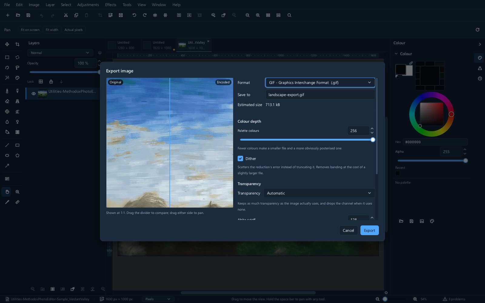 The GIF export dialog, with its palette options