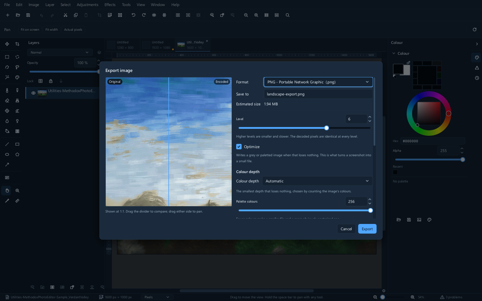 The PNG export dialog, with its colour depth options