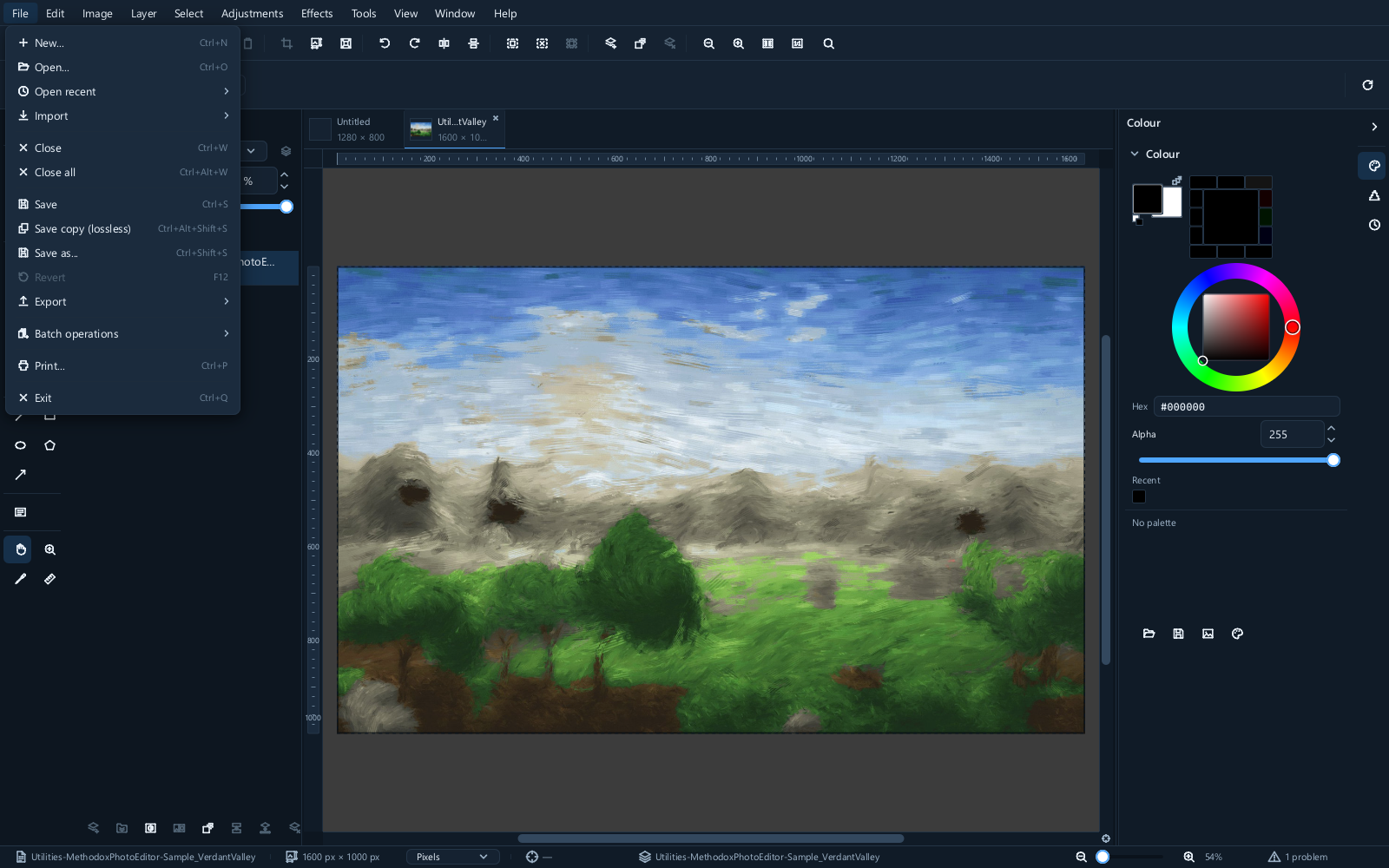 The File menu, open