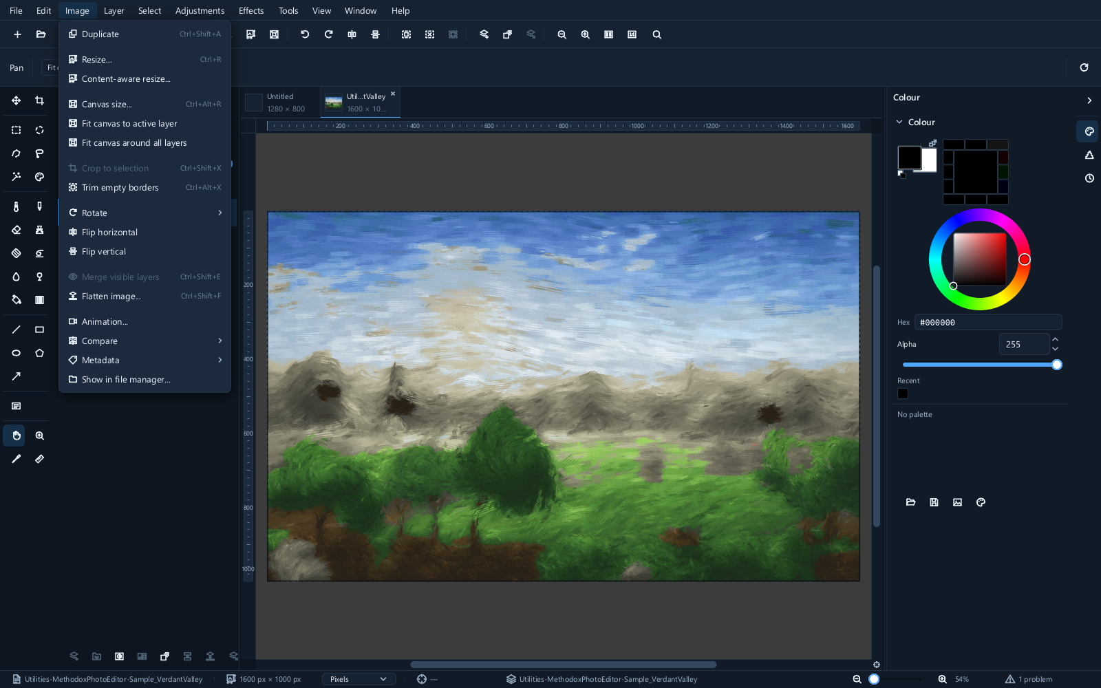 The Image menu, open