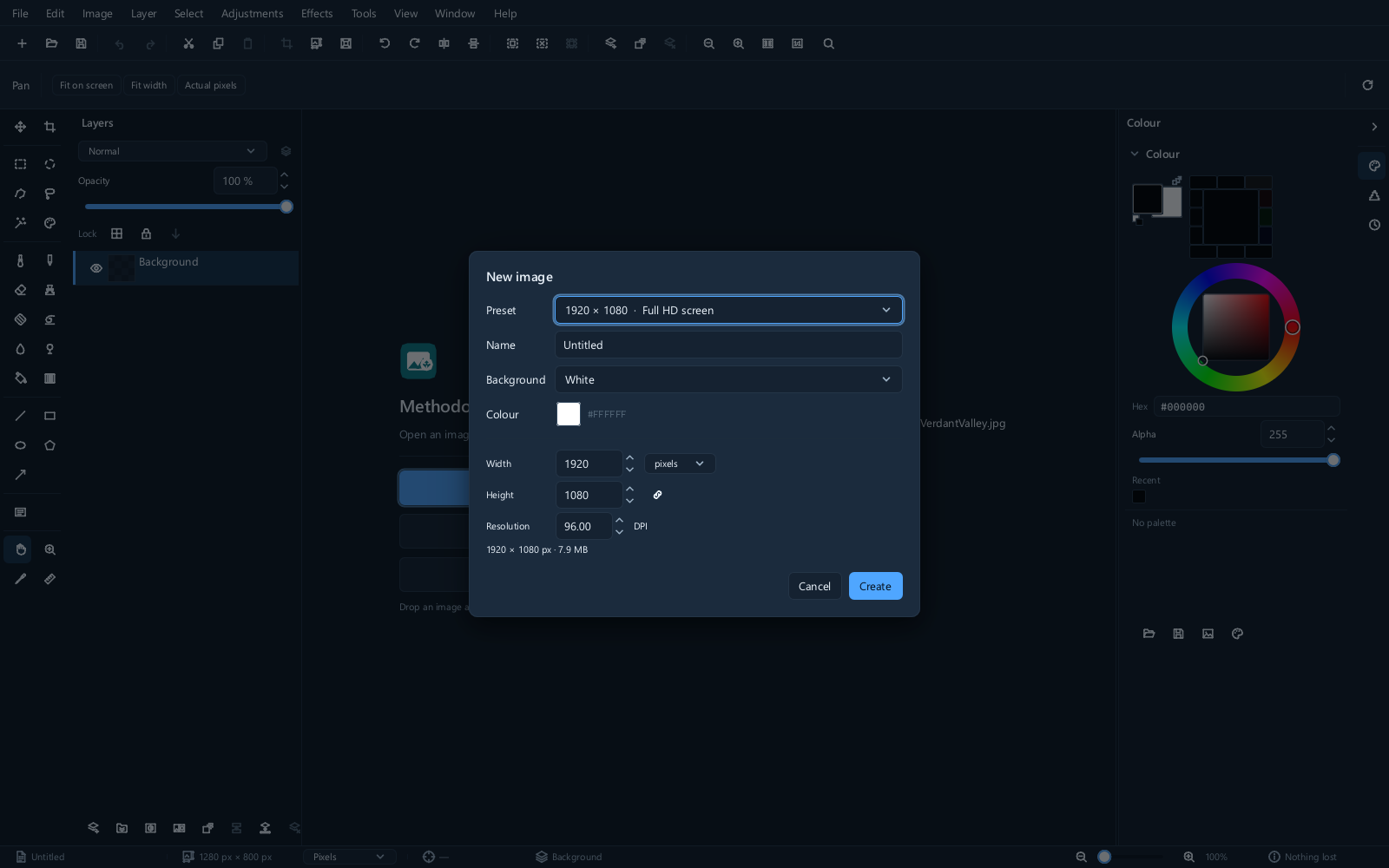 The New image dialog with width, height, background and resolution controls