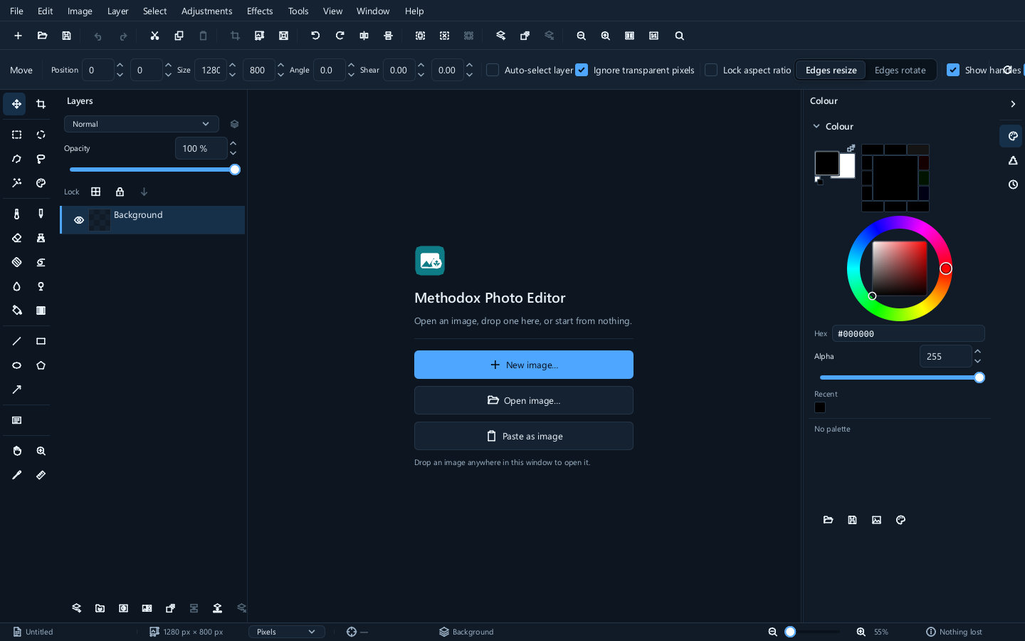 The start screen, offering New image, Open image and Paste as image over an empty canvas