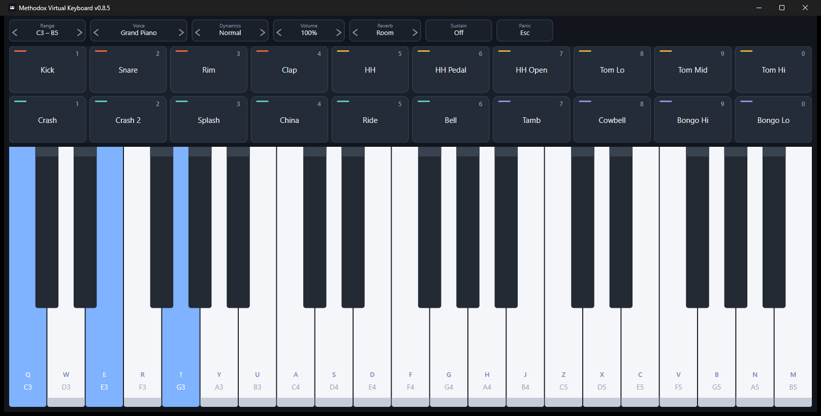 A C major chord held with Q, E and T