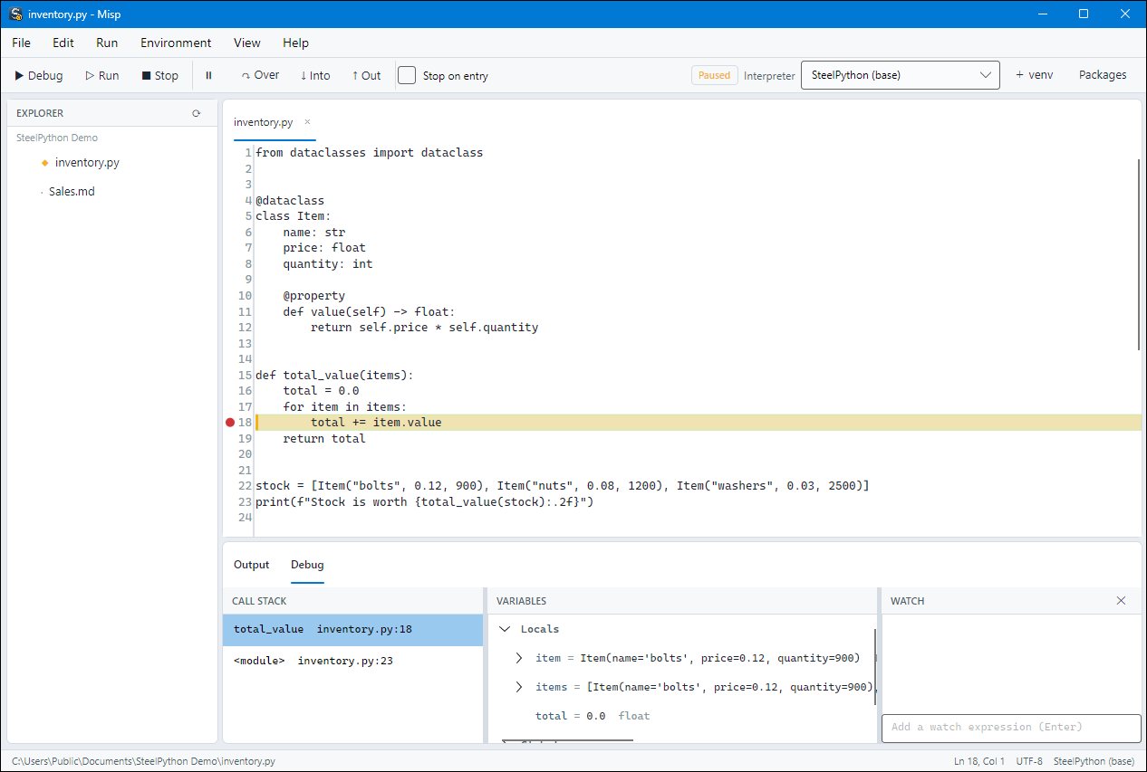 Misp, SteelPython's IDE, stopped at a breakpoint inside a loop: the current line is highlighted, and the Debug panel shows the call stack and the local variables of the function