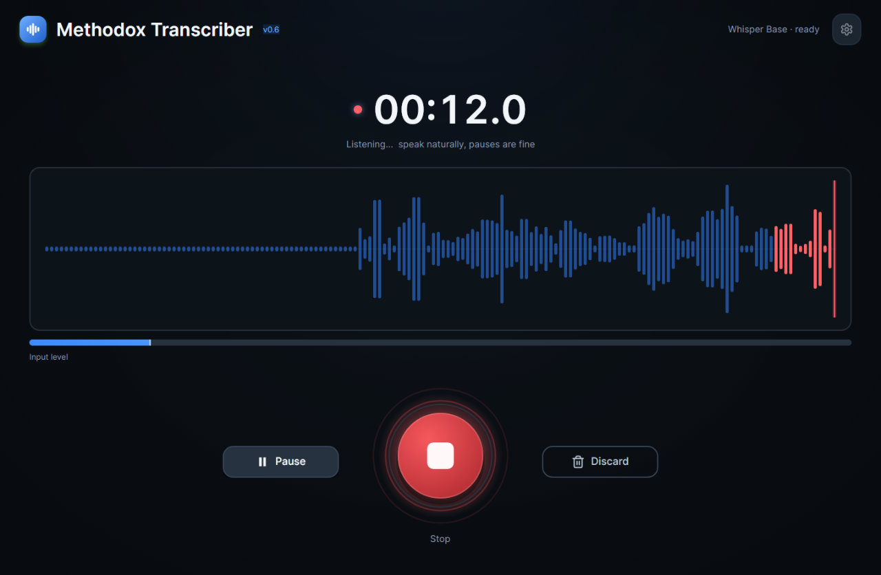 Recording, with the live waveform and level meter