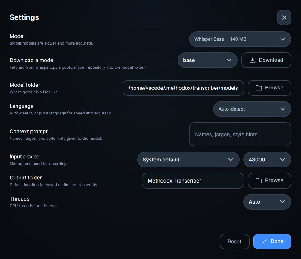Settings: model, language, context prompt, input device and output folder